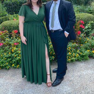 Elegant Green Faux Wrap Surplice Maxi Dress with Side Slit With Belt